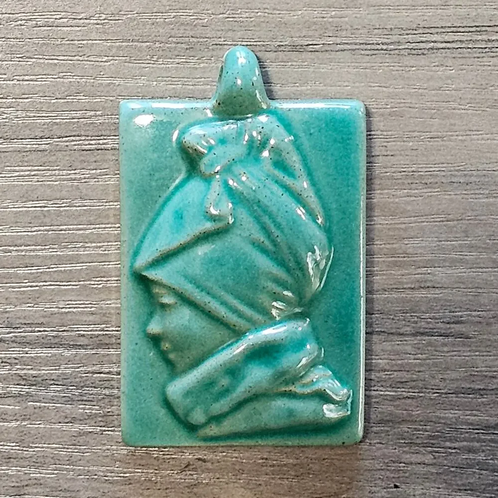 Vintage Turquoise Ceramic Pottery Figural Profile Pendant